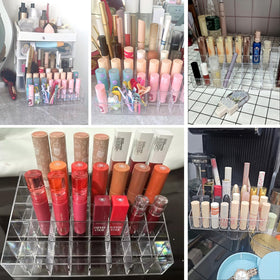 Tecbeauty organizer filled with lipsticks on vanity for quick selection