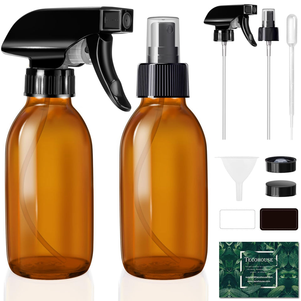 Tecohouse amber bottle front view showing label space and secure nozzle, protects oils