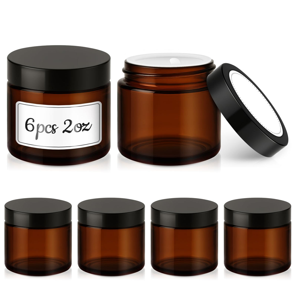 Tecohouse front view of six amber 2oz jars showing tidy packaging and compact storage benefit