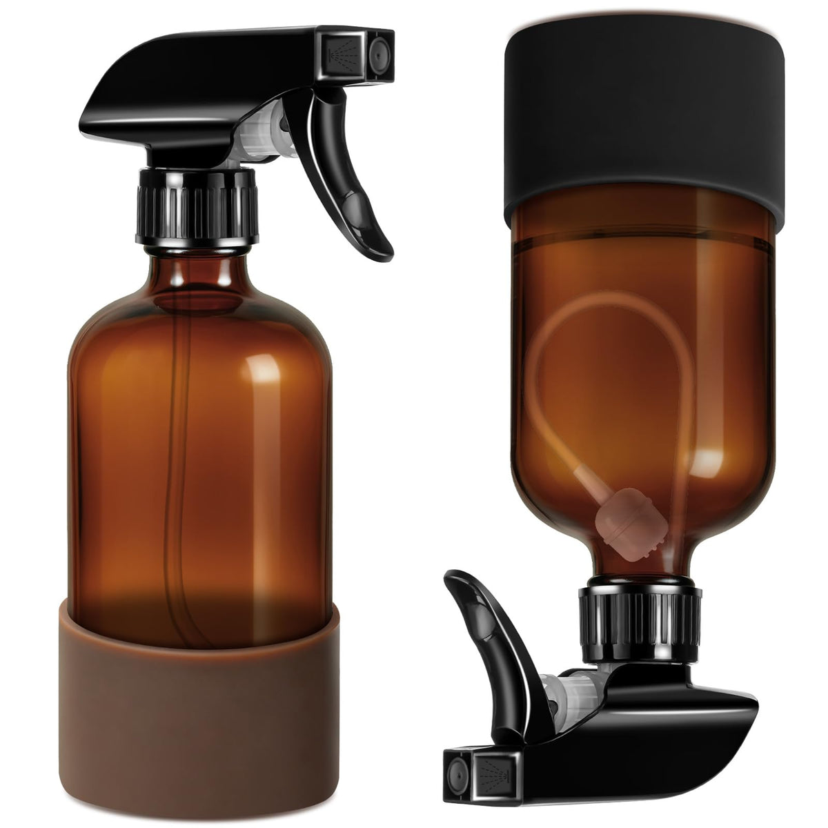 Tecohouse amber glass bottles front view showing two-pack and labels, durable refillable option
