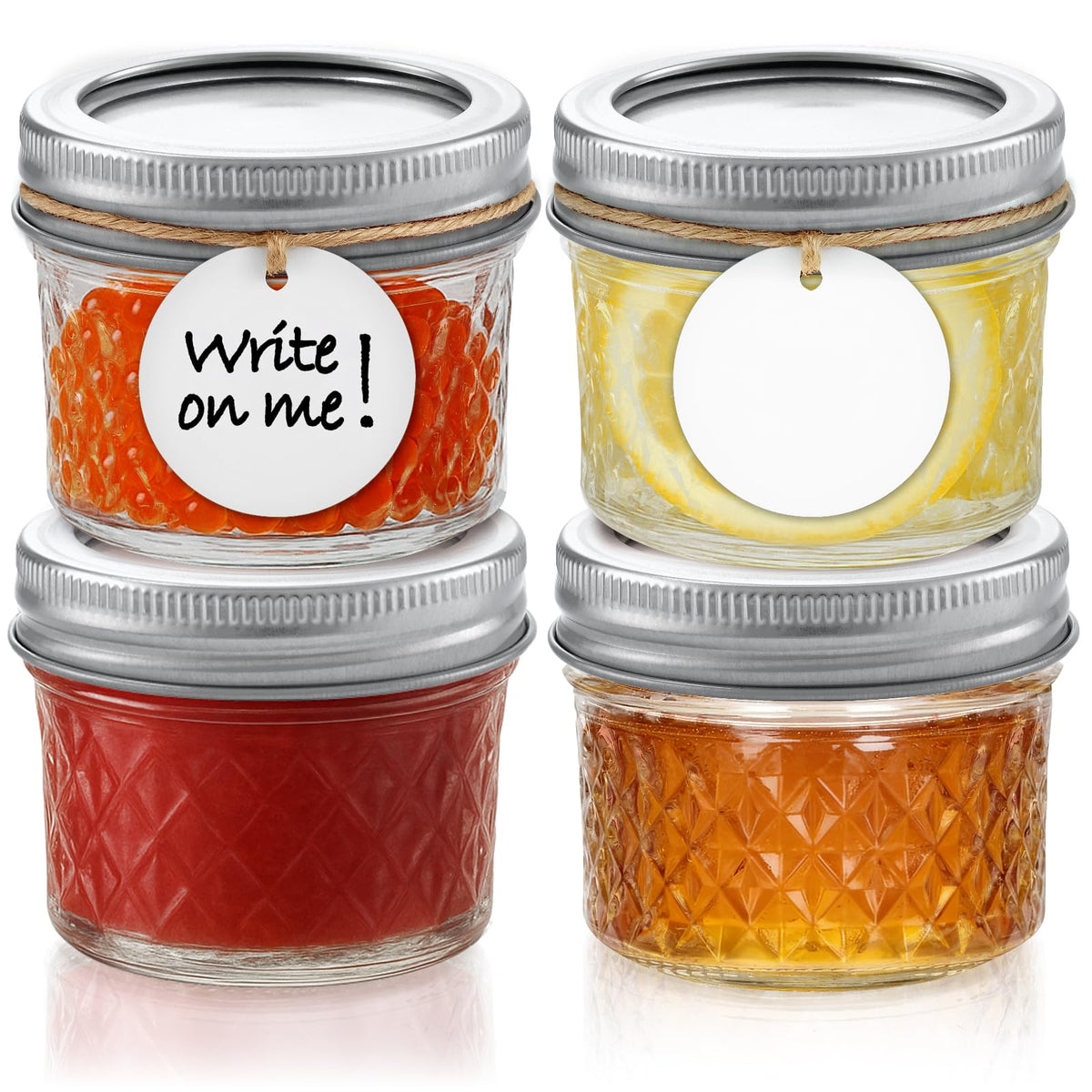 Tecohouse front view of four 4 oz mason jars showing classic design and versatility