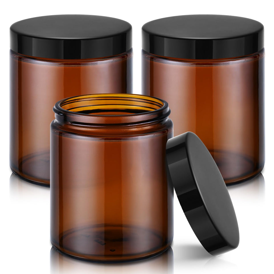 Tecohouse front view of amber glass jar showing clean label and sturdy design benefit: clear presentation