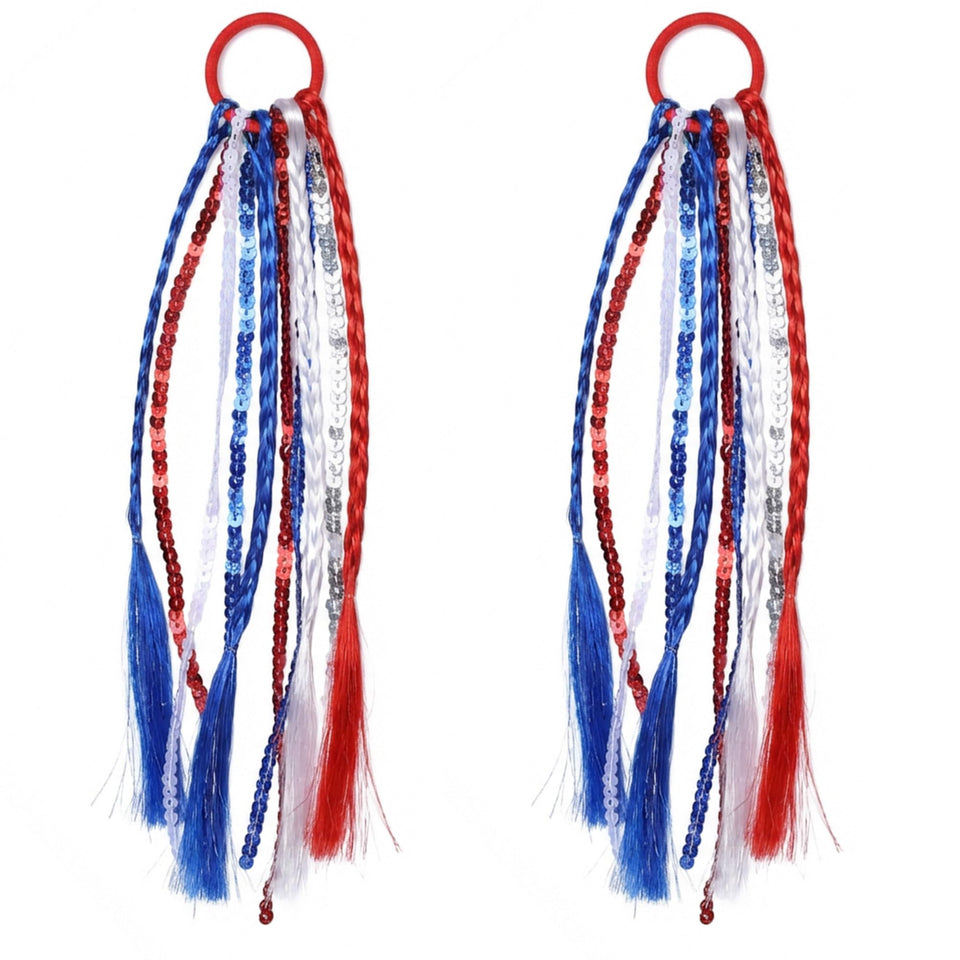 Tedercle front view of red white blue hair ties showing festive packaging and colors