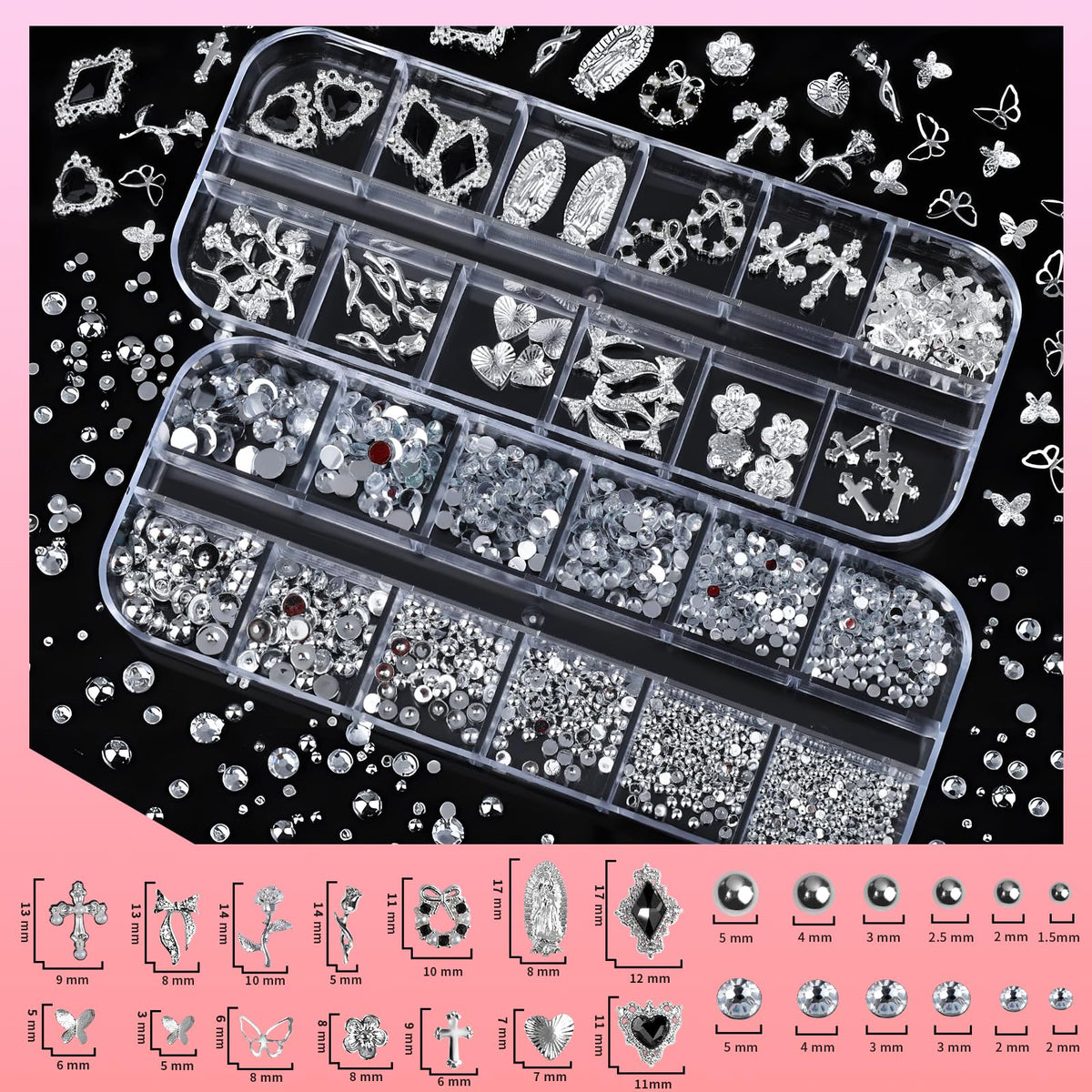 Teenitor close-up of 3D silver charms highlighting intricate shapes and luxury finish