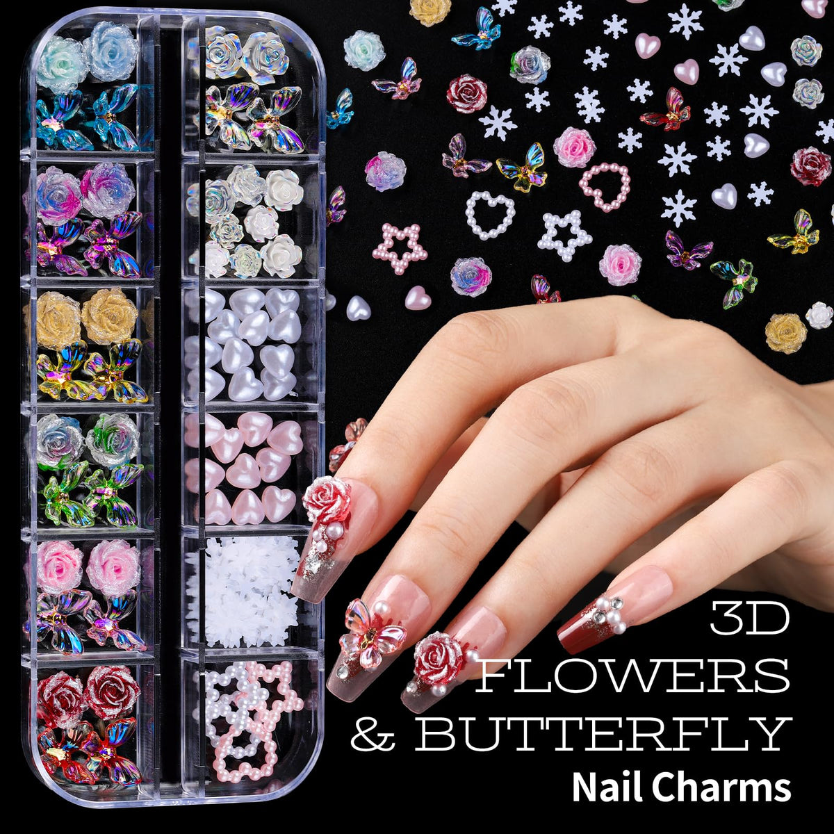 Teenitor close-up of 3D flower and butterfly nail charms for creative texture
