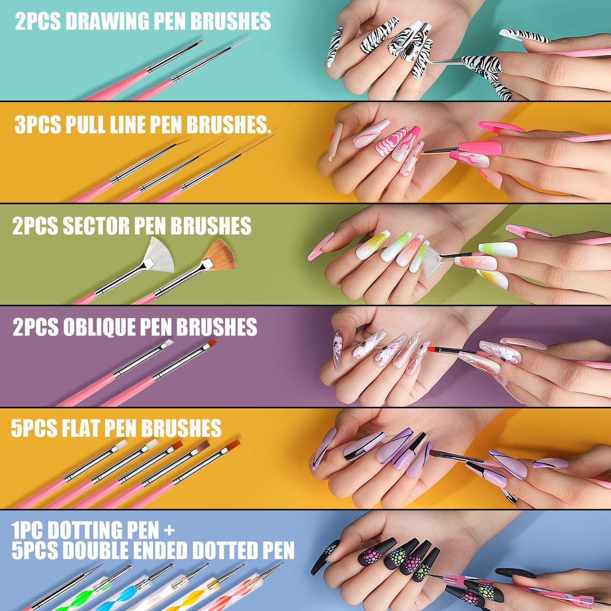 Teenitor spread of 15 almond tip sizes showing fit options for most nail beds
