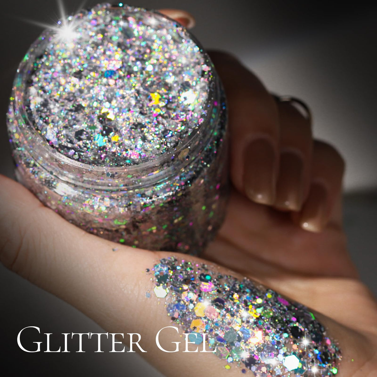 Teenitor application on cheek demonstrating precise, long-lasting sparkle