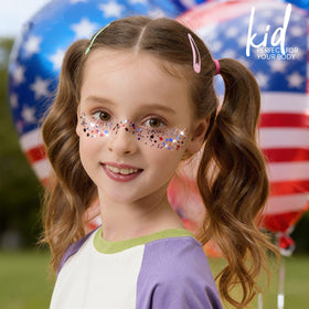 Teenitor applied on cheek highlighting bright colors and festival-ready shimmer