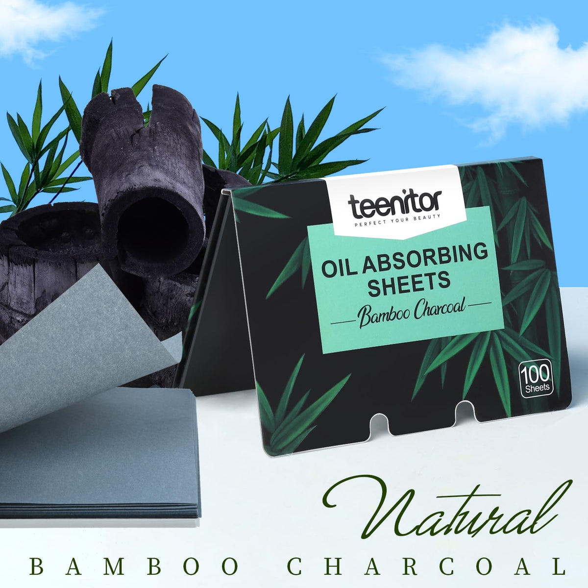 Teenitor blotting sheet in use on forehead absorbing oil quickly without smudging makeup