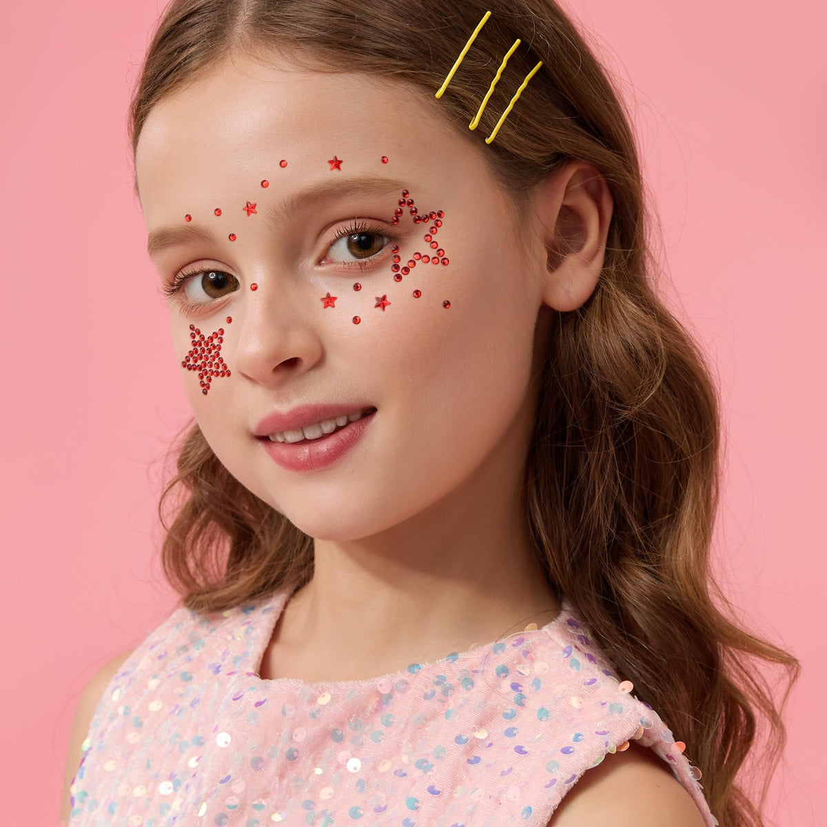 Teenitor model wearing gems on eye and cheek for festival-ready patriotic accent