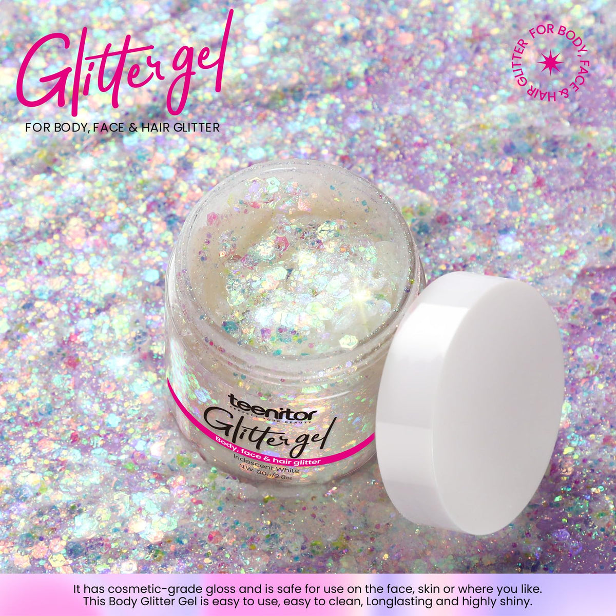 Teenitor glitter applied on cheekbone at festival giving long-lasting glow