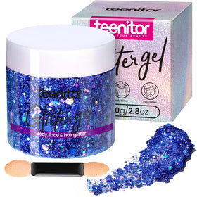 Teenitor front jar showing holographic blue glitter and clear label benefit