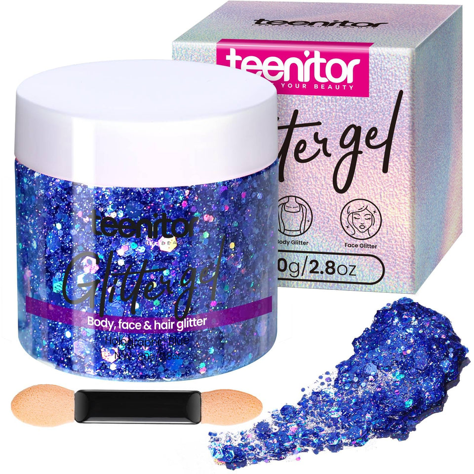 Teenitor front jar showing holographic blue glitter and clear label benefit