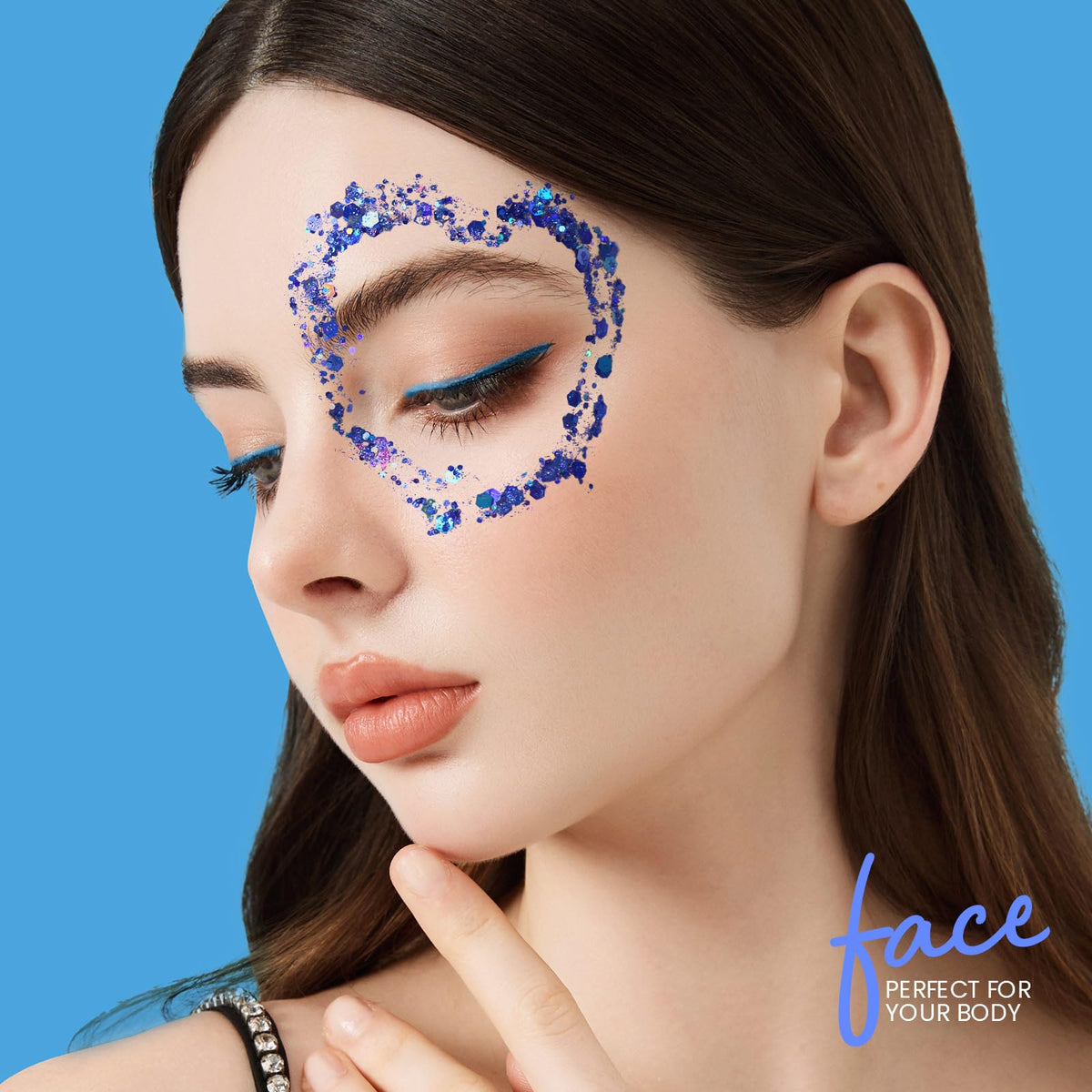 Teenitor glitter on hair strand emphasizing vibrant blue highlight effect