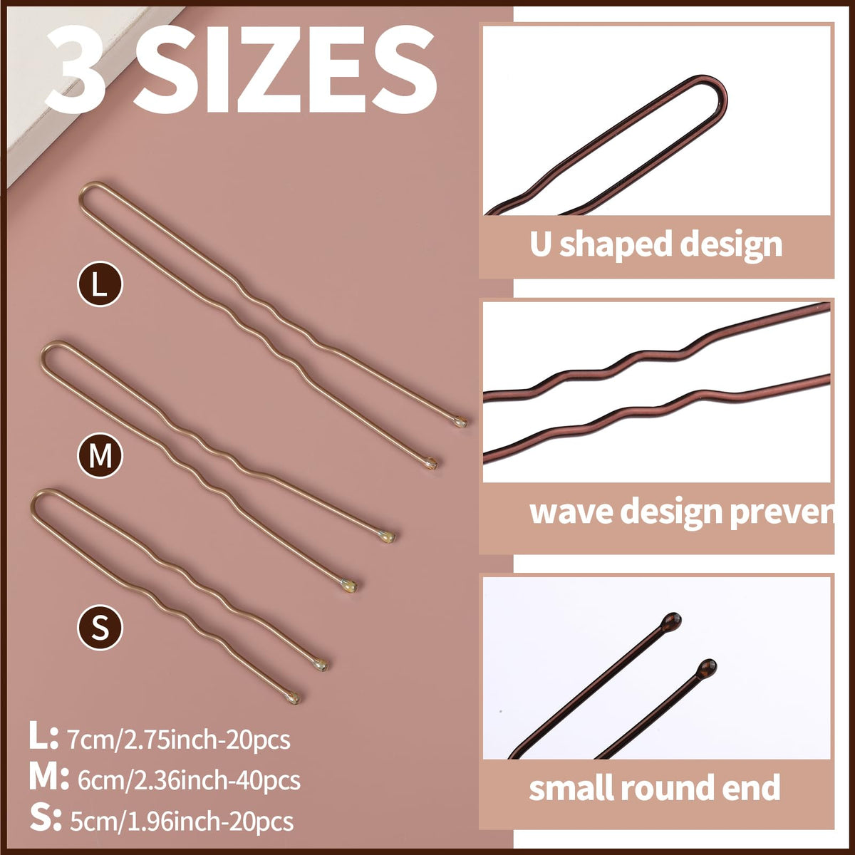 Teenitor array of brown u-shaped bobby pins organized by length for secure hold