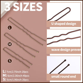 Teenitor array of brown u-shaped bobby pins organized by length for secure hold