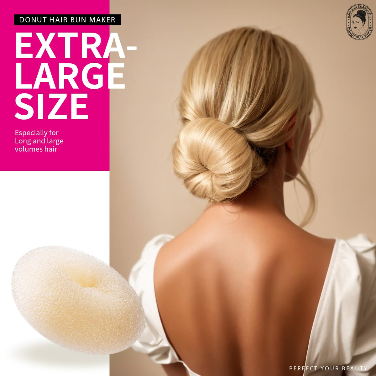 Teenitor finished extra-large bun on model, adds instant volume and polish