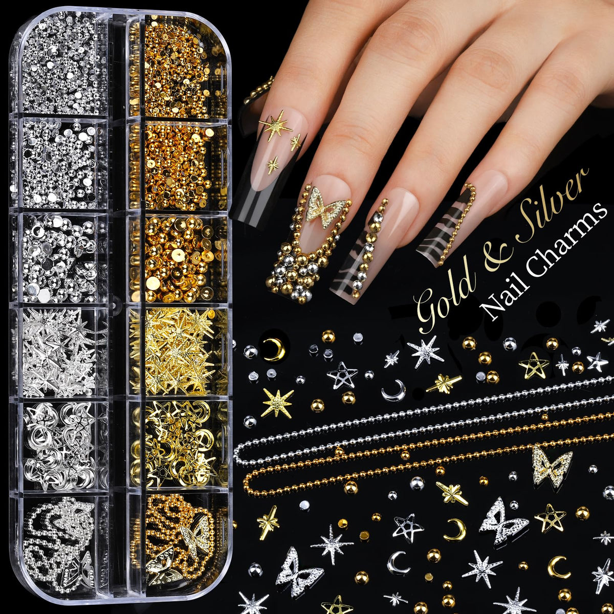 Teenitor close-up of 3D nail charms and metallic chains for decoration