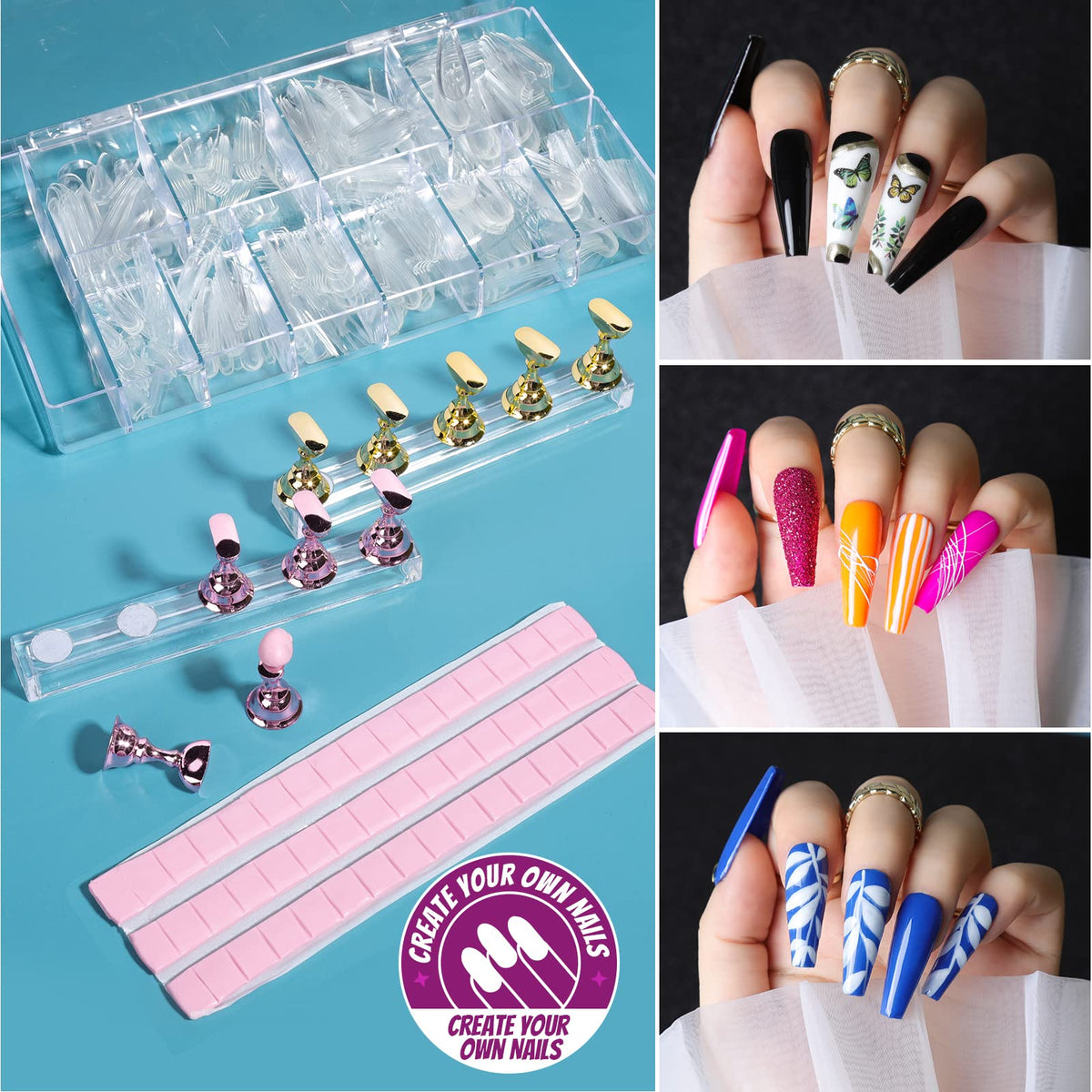 Teenitor clear coffin nail tips arranged on numbered display for precise sizing