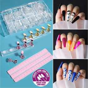 Teenitor clear coffin nail tips arranged on numbered display for precise sizing