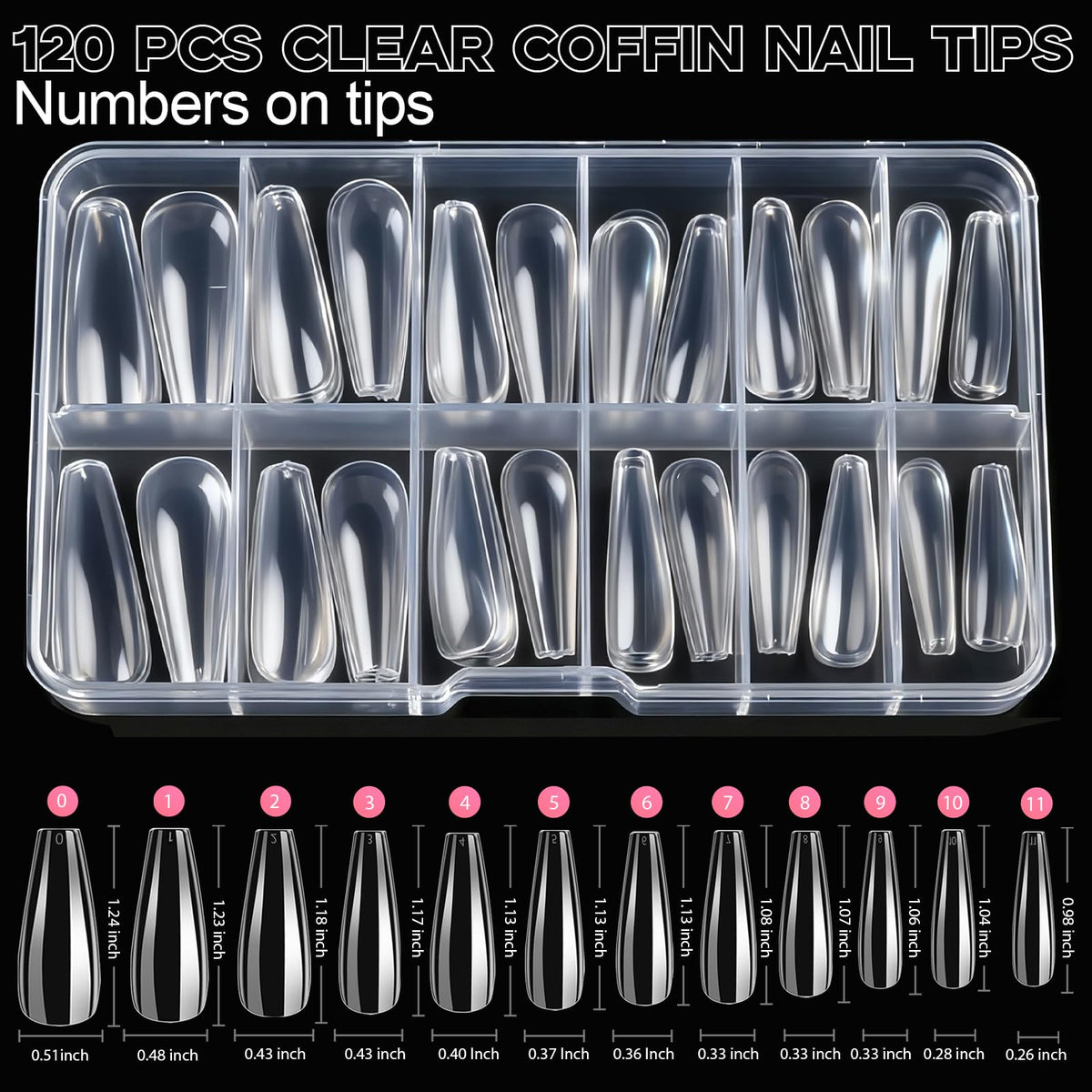 Teenitor clear coffin nail tips fanned out to show numbered sizes