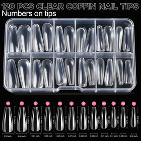 Teenitor clear coffin nail tips fanned out to show numbered sizes