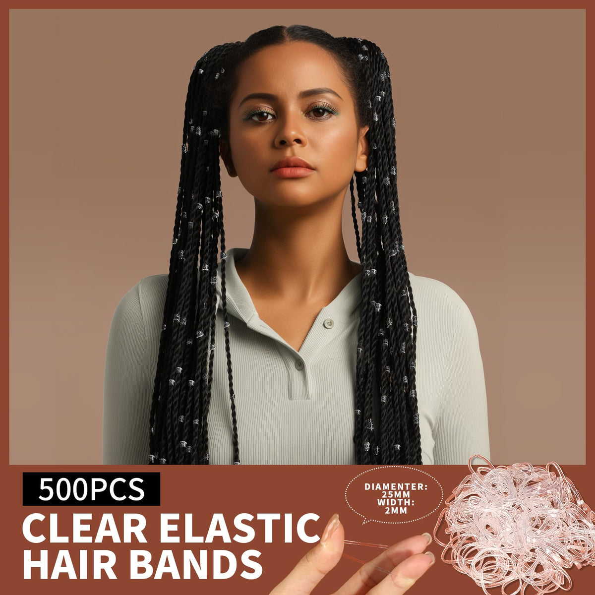 Teenitor close-up of clear elastics highlighting braid-ready strength and discretion