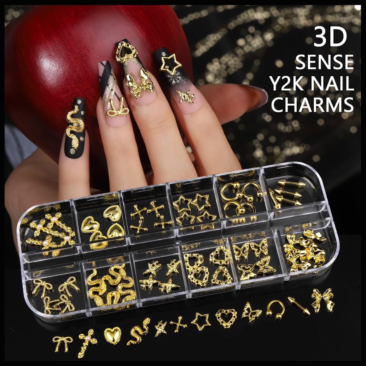 Teenitor close-up of champagne gold rhinestone shapes delivering high-shine facets