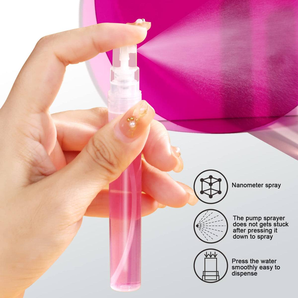 Teenitor atomizer producing fine mist spray demonstrating even coverage and no clogging