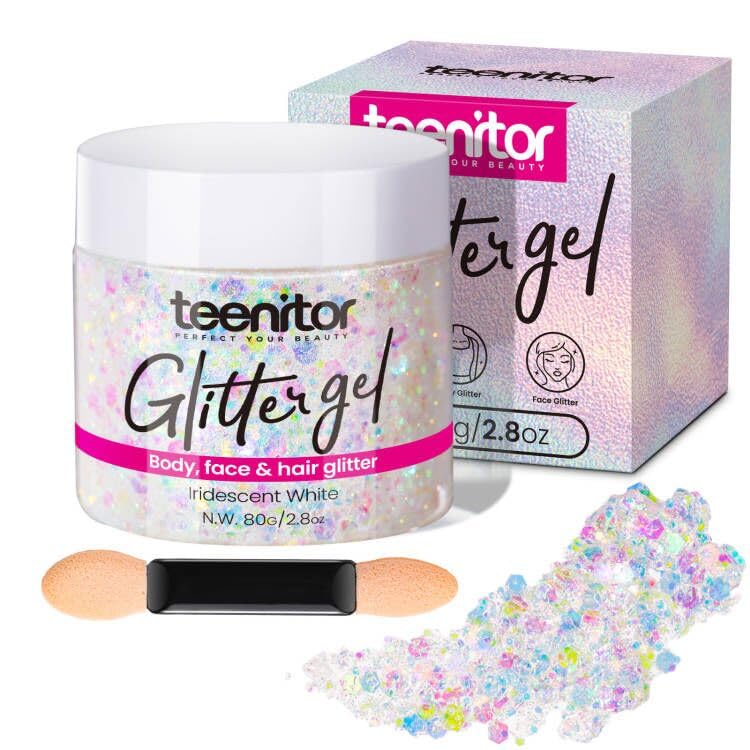Teenitor front bottle white glitter showing packaging and product name benefits