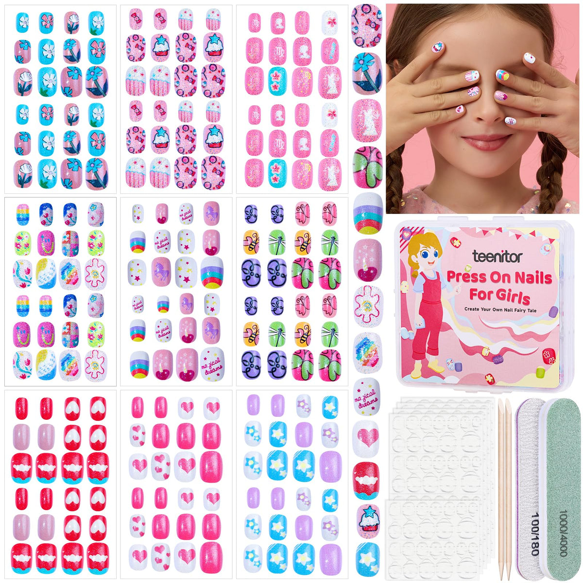 Teenitor front display set showing nine kid-friendly nail designs and colors
