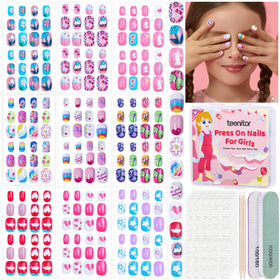 Teenitor front display set showing nine kid-friendly nail designs and colors