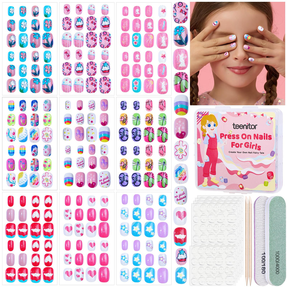 Teenitor front display set showing nine kid-friendly nail designs and colors
