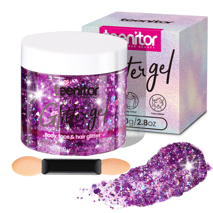 Teenitor jar front view showing purple glitter gel, easy festival application benefit
