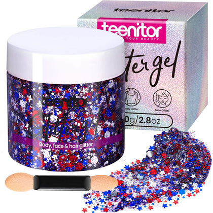 Teenitor jar front view showing patriotic red white blue glitter for bold looks