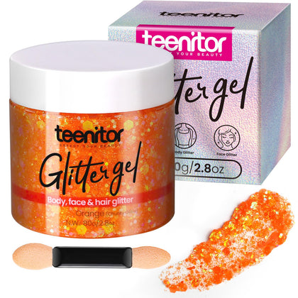 Teenitor front jar showing orange glitter gel and lid for clear product view and benefit