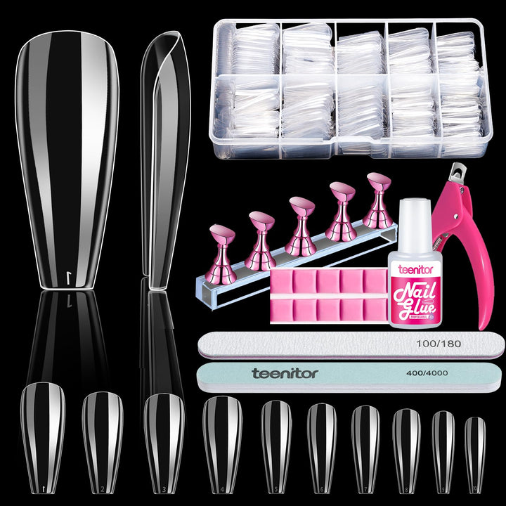 Teenitor front package showing clear coffin nail tips and accessories for versatile use