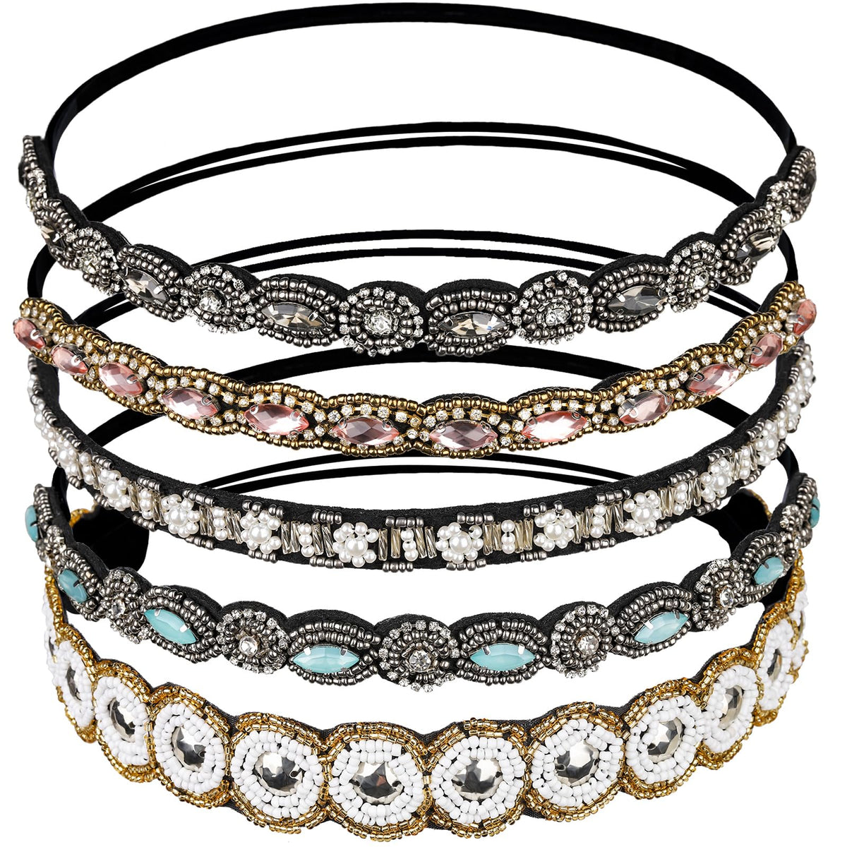 Teenitor front view of five beaded headbands showing styles and sparkle benefits