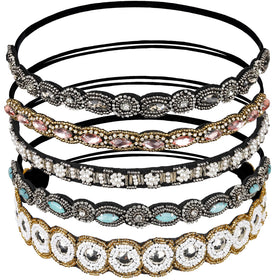 Teenitor front view of five beaded headbands showing styles and sparkle benefits