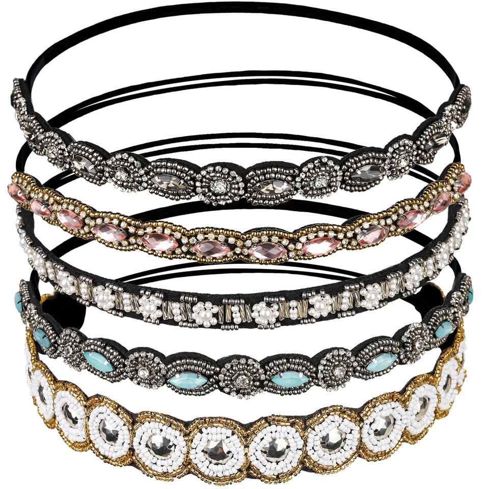 Teenitor front view of five beaded headbands showing styles and sparkle benefits
