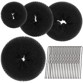 Teenitor front view of bun maker kit showing all four sizes and pins benefits quick styling
