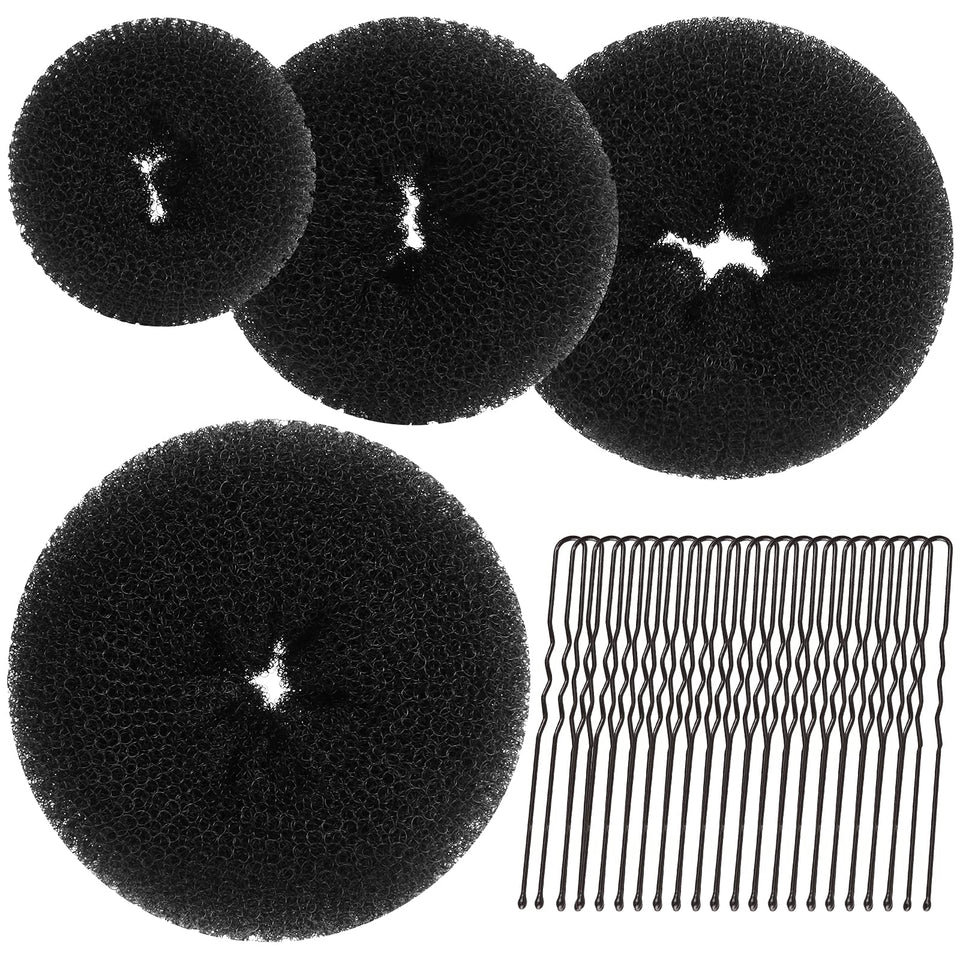 Teenitor front view of bun maker kit showing all four sizes and pins benefits quick styling