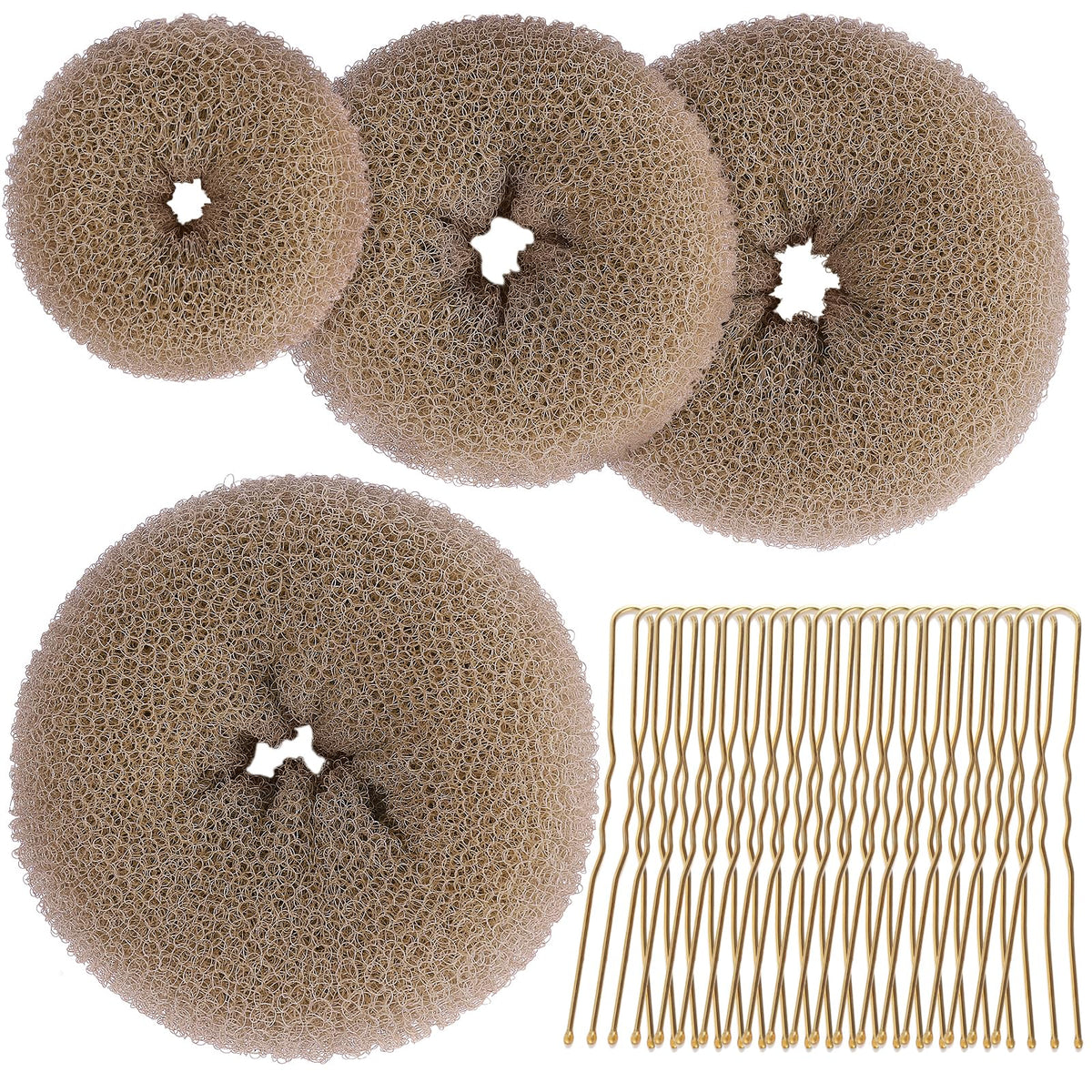 Teenitor front packaging showing four tan brown bun makers and 20 pins for easy styling