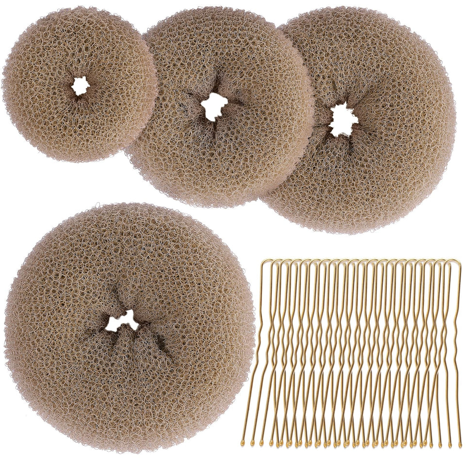Teenitor front packaging showing four tan brown bun makers and 20 pins for easy styling