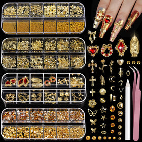 Teenitor front packaging showing full gold nail charms kit, ideal for varied designs