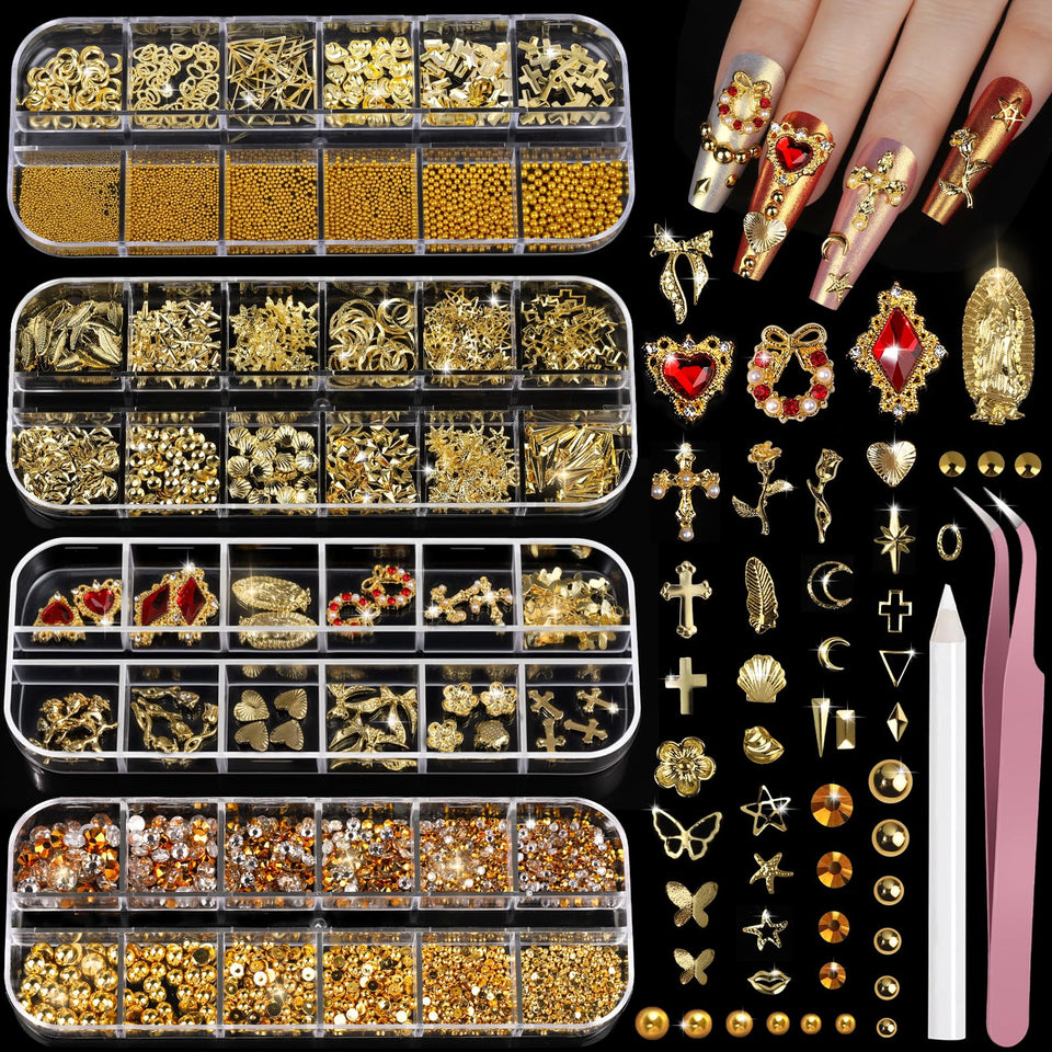 Teenitor front packaging showing full gold nail charms kit, ideal for varied designs