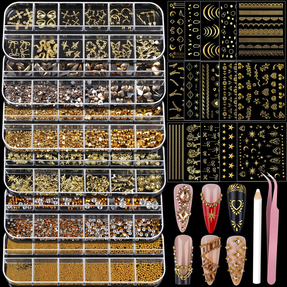 Teenitor front packaging showing full gold nail charms kit and contents benefit easy selection