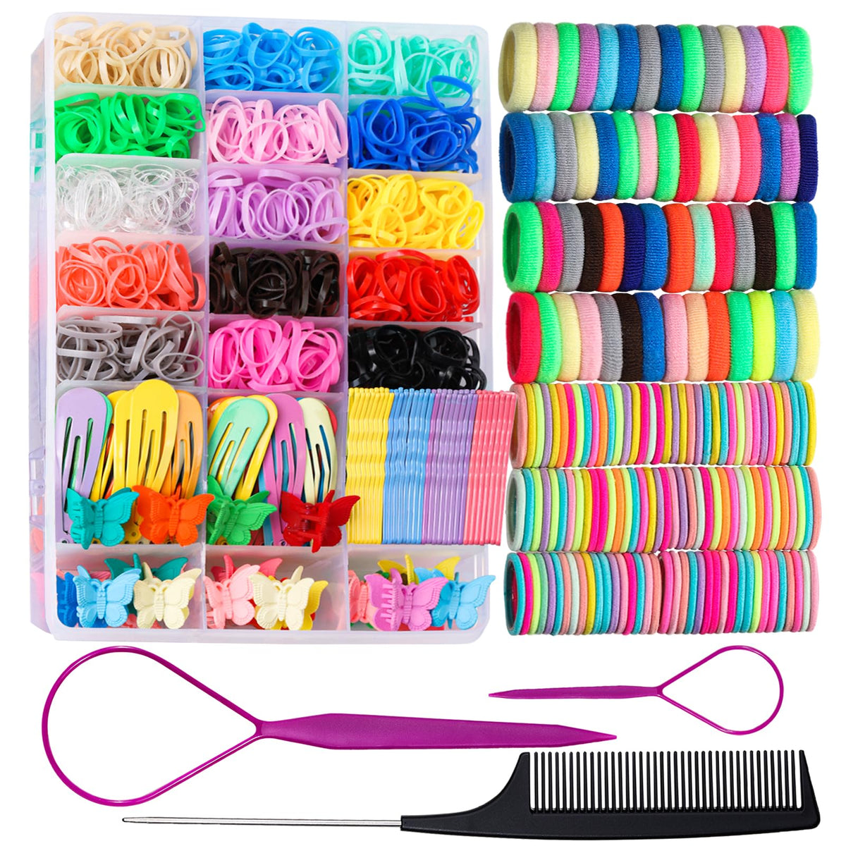 Teenitor clear organizer box showing colorful elastic bands beneficial for quick styling