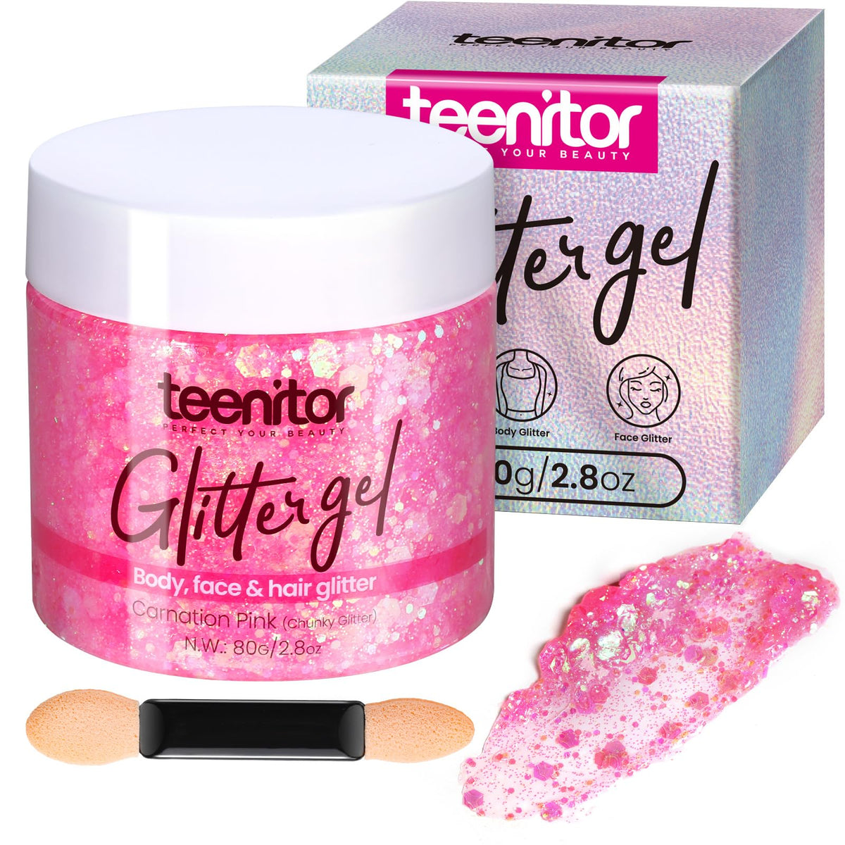 Teenitor front packaging showing pink holographic tube and benefits