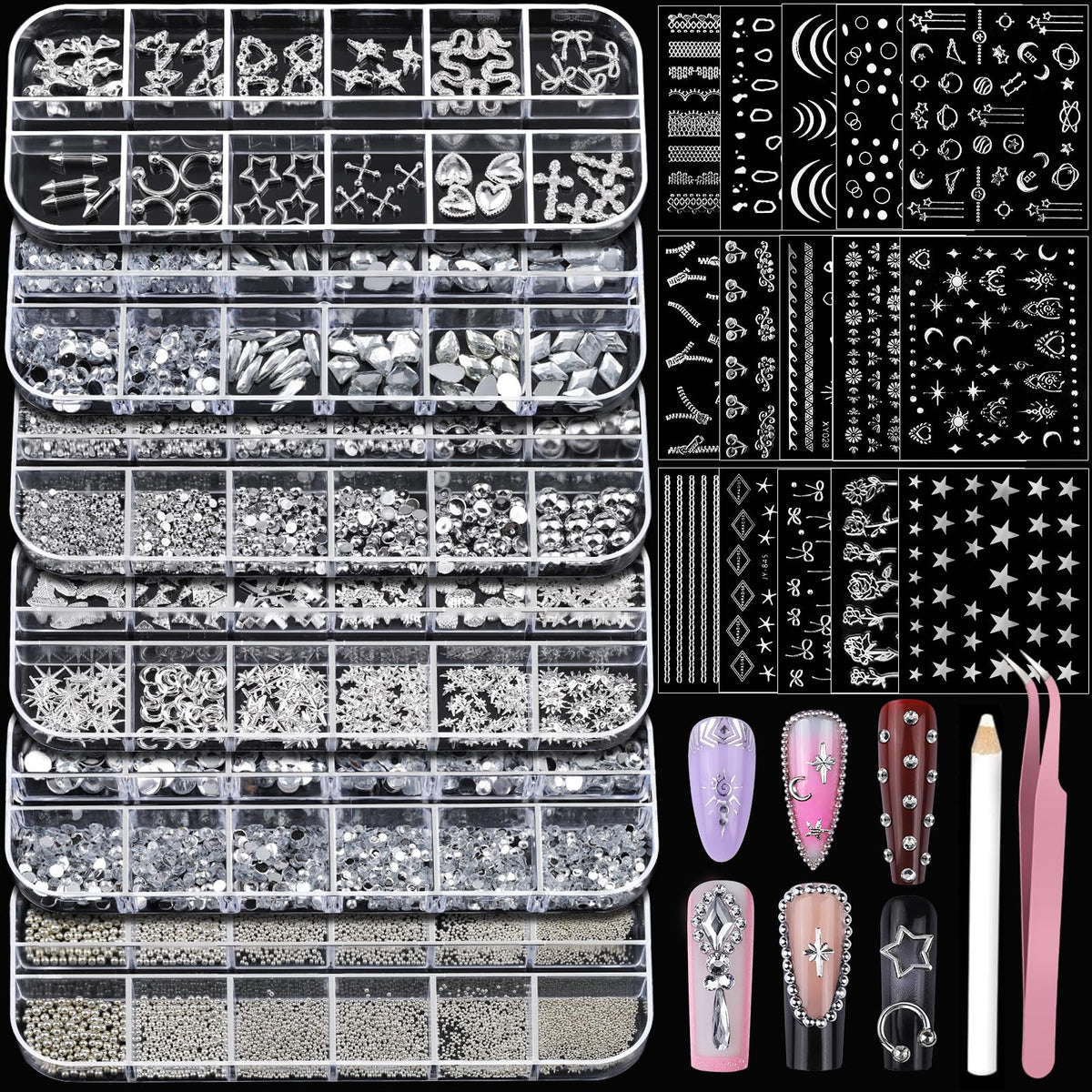Teenitor front packaging showing full silver nail charm set and accessories for quick kits